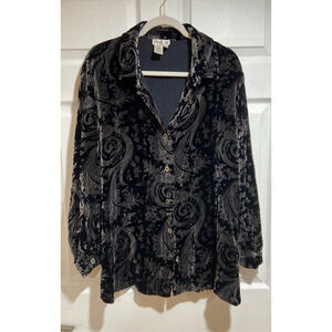 Coldwater Creek Women's XL Black Velvet Burnout Paisley Button-Down Shirt Blouse